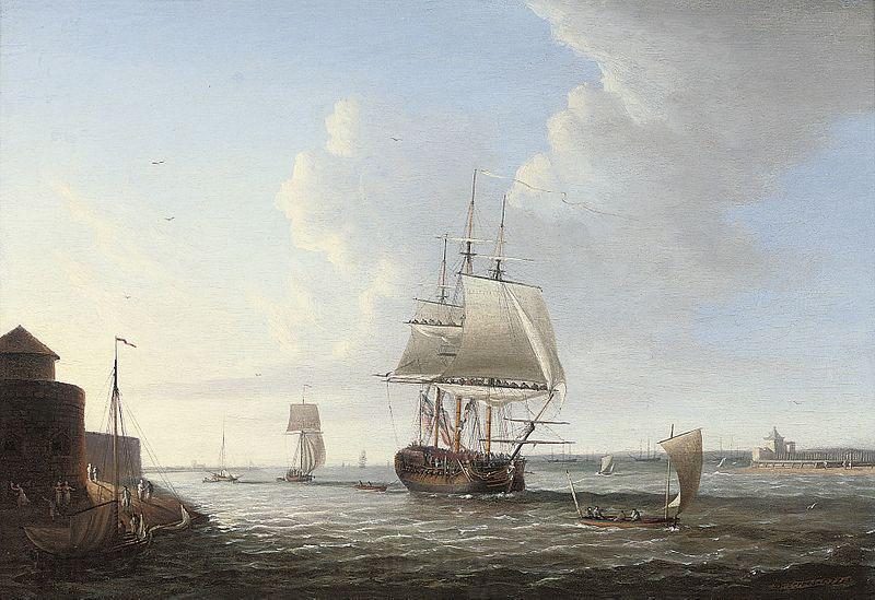 Dominic Serres An English man-o'war shortening sail entering Portsmouth harbour, with Fort Blockhouse off her port quarter